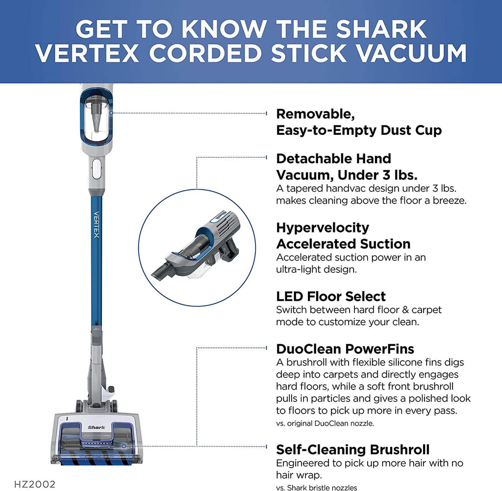 Shark HZ2002 Vertex Ultralight Corded Stick DuoClean PowerFins &amp; Self-Cleaning Brushroll, Perfect for Pets, Removable Hand Vacuum, Upholstery Tool, Dusting &amp; Pet Power Brushes, Cobalt Blue