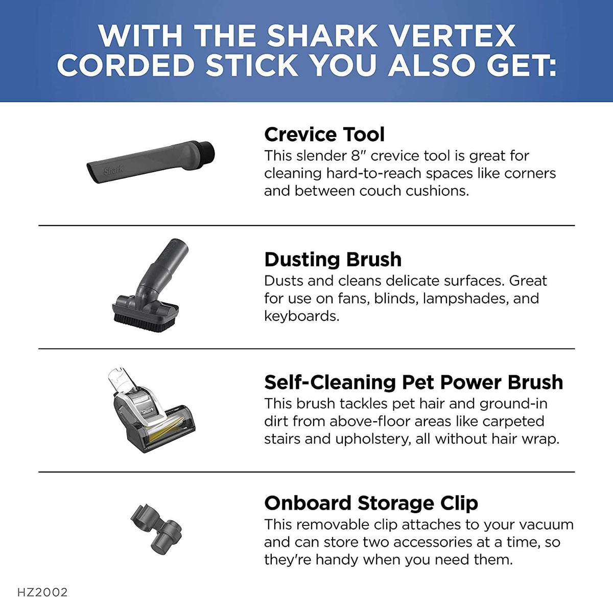 Shark HZ2002 Vertex Ultralight Corded Stick DuoClean PowerFins &amp; Self-Cleaning Brushroll, Perfect for Pets, Removable Hand Vacuum, Upholstery Tool, Dusting &amp; Pet Power Brushes, Cobalt Blue