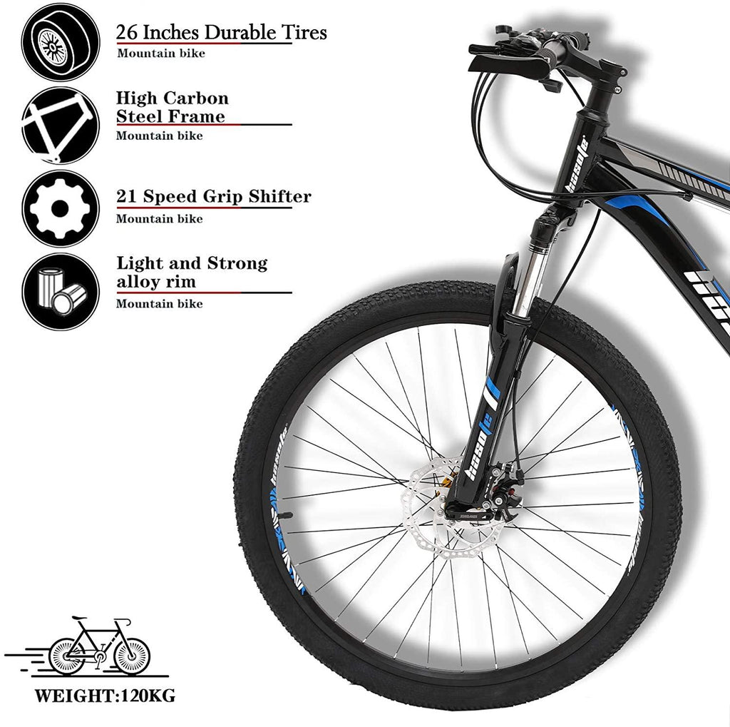 26 Inch Mountain Bikes, 21 Speed Suspension Fork MTB, High-Tensile Carbon Steel Frame Mountain Bicycle with Dual Disc Brake for Men and Women