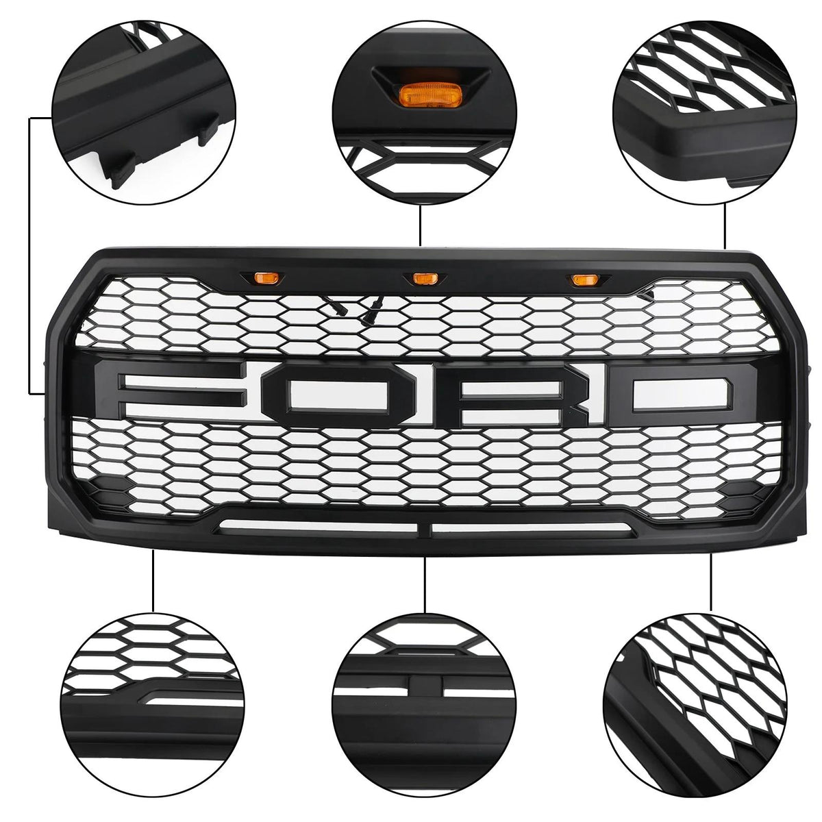 2015-2023 F150 Ford Raptor Style Black Front Bumper Grill W/ LED Grille Replacement Generic