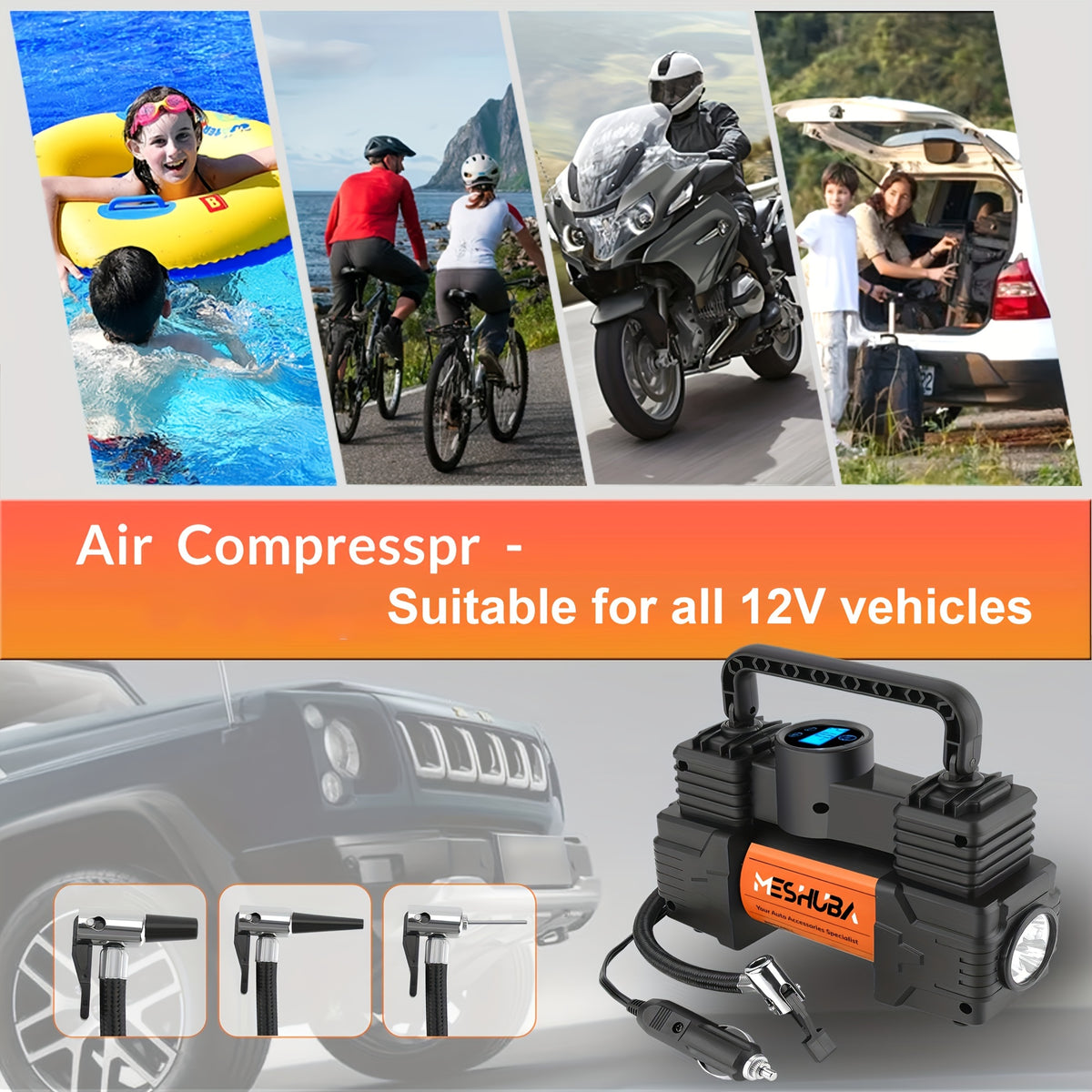 MESHUBA Tire Inflator 12V Portable Air Compressor, 150PSI Air Pump For Car Tires With Digital Pressure GauFor Car Bike Motor Ball, Orange