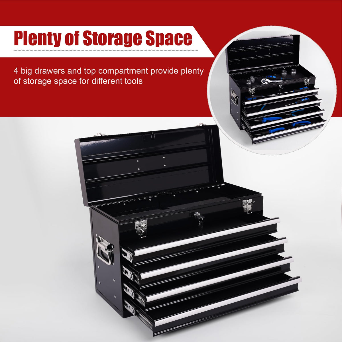 21-Inch Heavy Duty Metal Tool Box,4-Drawer Portable Steel Tool Chest with EVA Liners,Ball Bearing Slides,Lock & Lid, Powder Coated,200LBS,Garage/Workshop/Home/Auto Mechanics Stora(4, Black)