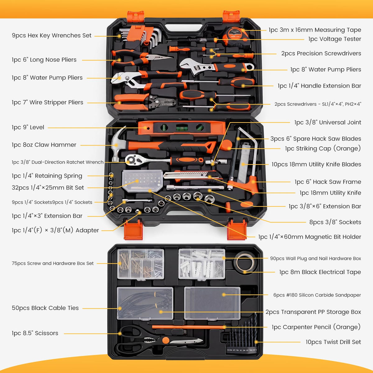 330-Piece Complete Tool Box Set, Durable Homeowners Tool Kit with Pull-Out Drawer, Versatile Home Repair Kit for Auto & Household, DIY Projects, Black-Yellow
