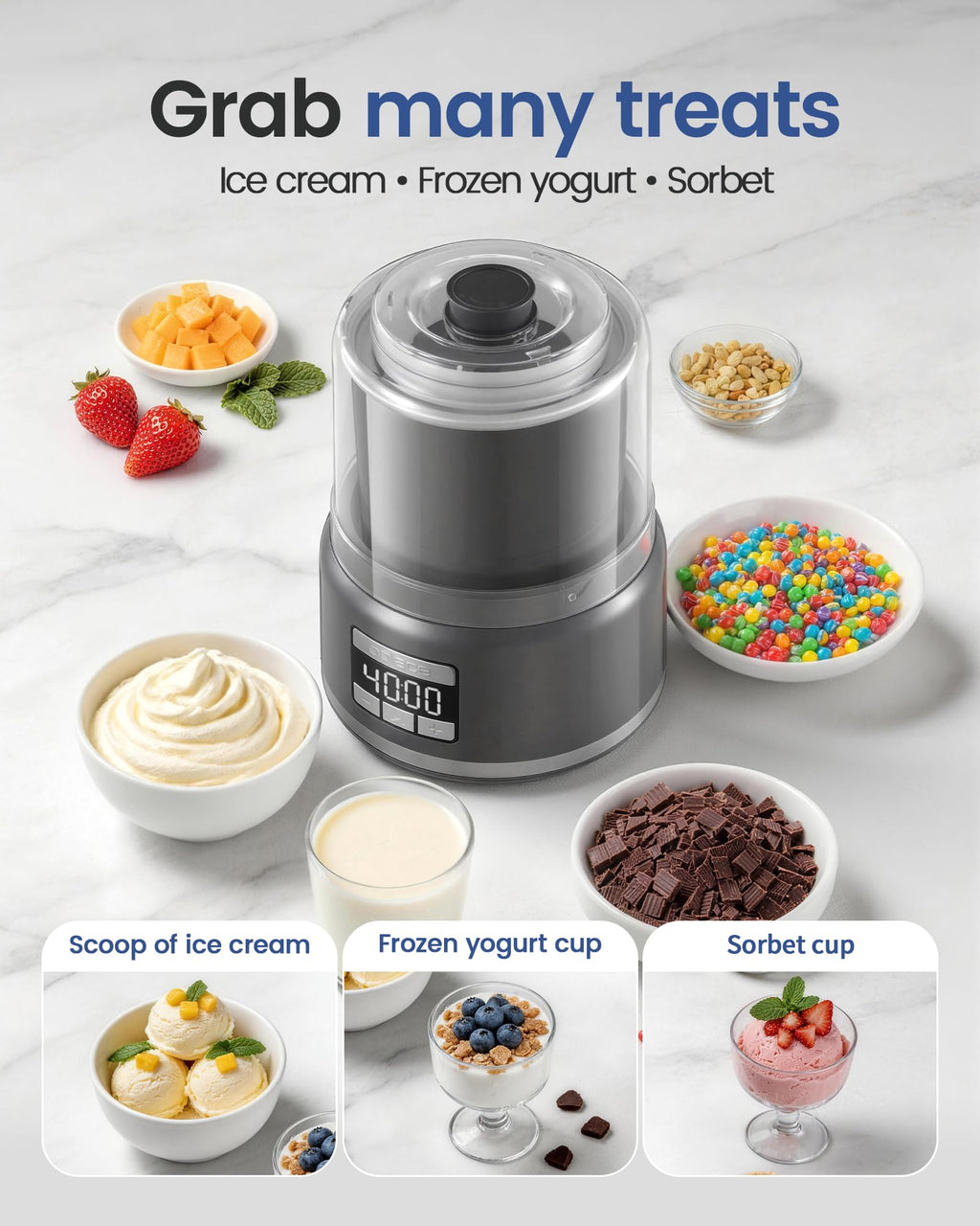 2.1 Qt Countertop Ice Cream Maker – Make Gelato, Sorbet & Frozen Yogurt in as Little as 20–30 Minutes, Fast Cooling, Visible Feeding Port, Easy 3-Button Control (Gray)