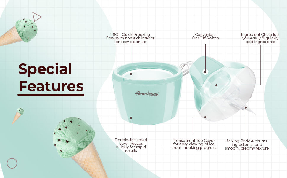 Americana Collection Elite EIM-1432M 1.5 Quart Automatic Easy Homemade Electric Ice Cream Maker, Frozen Yogurt, Sorbet, Gelato Treat, with Recipes, Mint