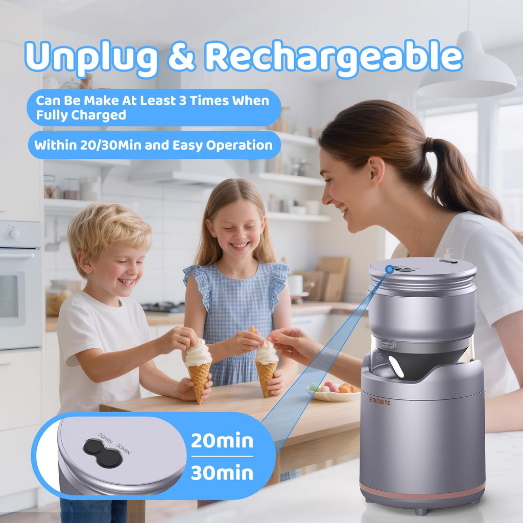 Ice Cream Maker,Rechargeable Soft Ice Cream Machine with Low Noise,Compact for 1-2 Servings,Perfect for Sorbet,Gelato,Frozen Yogurt,Silver