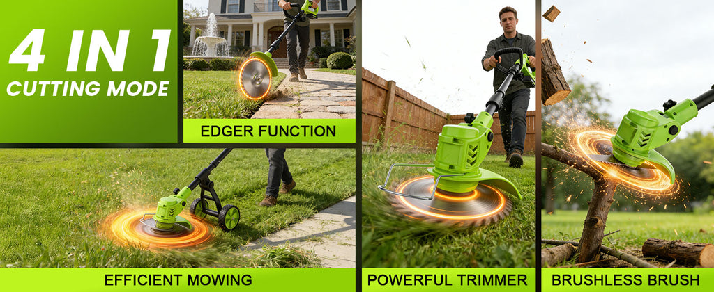 Weed Wacker Battery Powered with Wheel, Electric Weed Eater Cordless Brush Cutter String Trimmer, 4000mAh Stringless Weed Trimmer Lightweight Grass Trimmer Mower, 2 Battery and Charegr