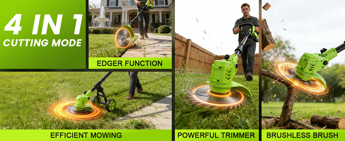 Weed Wacker Battery Powered with Wheel, Electric Weed Eater Cordless Brush Cutter String Trimmer, 4000mAh Stringless Weed Trimmer Lightweight Grass Trimmer Mower, 2 Battery and Charegr