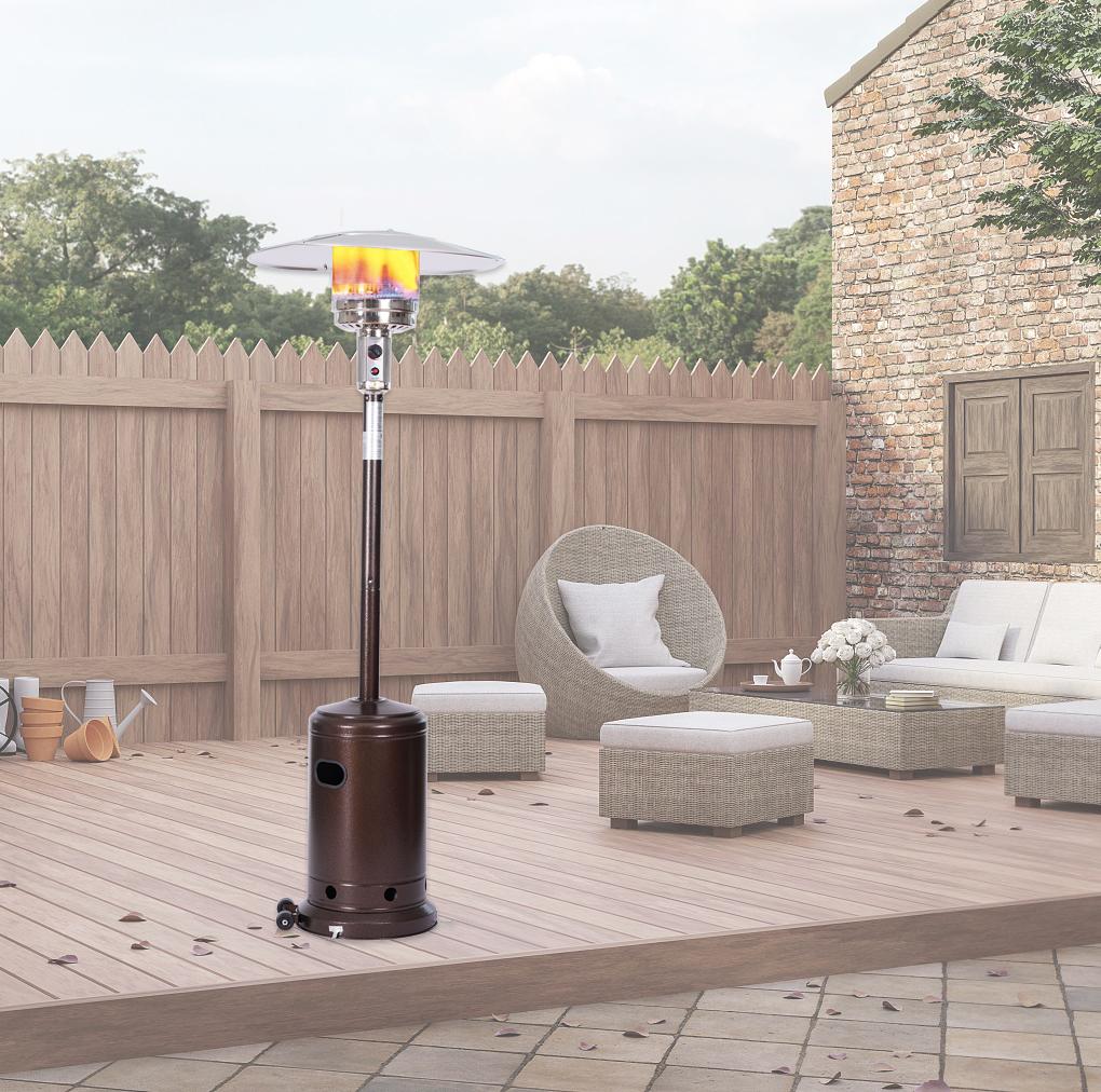 RTR Outdoor Gas Heater,Portable Power Heater,88 Inches Tall Premium Standing Patio Heater,With Auto Shut Off And Simple Ignition System, Wheels And Base Reservoir, Brown