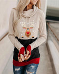 Christmas Moose Print Colorblock Hooded Top