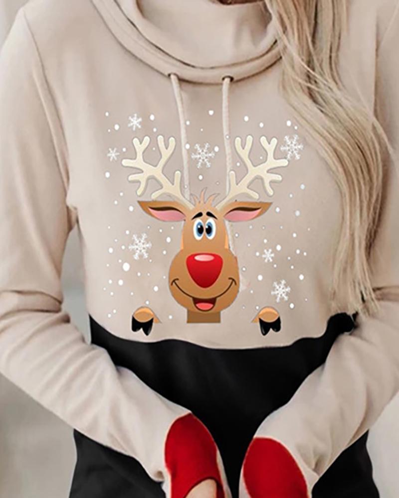 Christmas Moose Print Colorblock Hooded Top