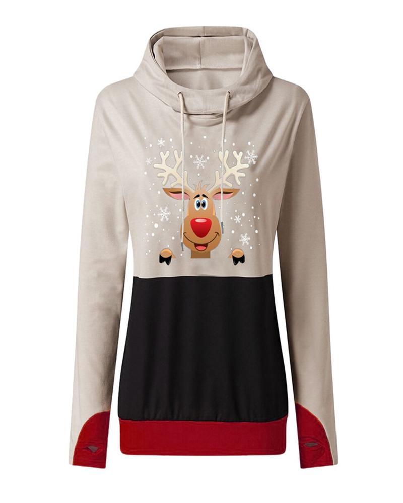 Christmas Moose Print Colorblock Hooded Top