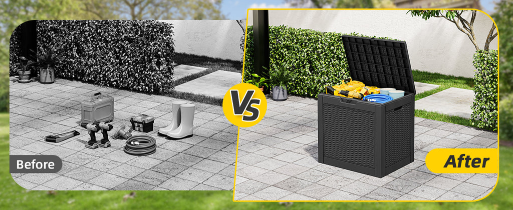 75 Gallon Outdoor Deck Box Waterproof, LarStoraBox for Patio, Resin StoraBench Lockable for Garden Tools, PackaDelivery, Black