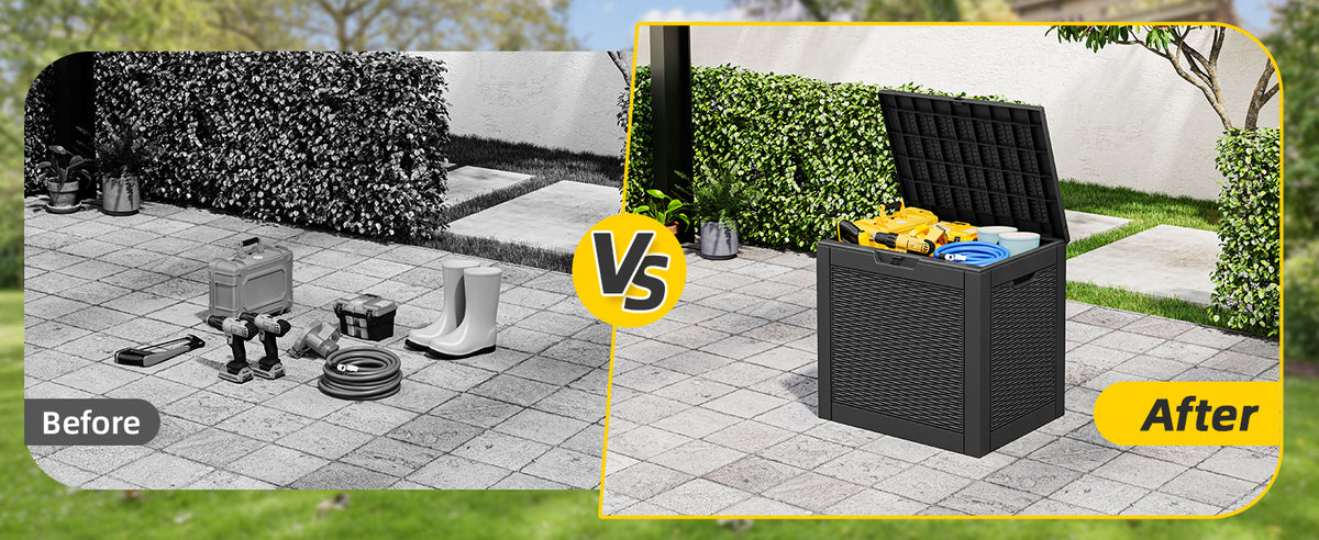 75 Gallon Outdoor Deck Box Waterproof, LarStoraBox for Patio, Resin StoraBench Lockable for Garden Tools, PackaDelivery, Black