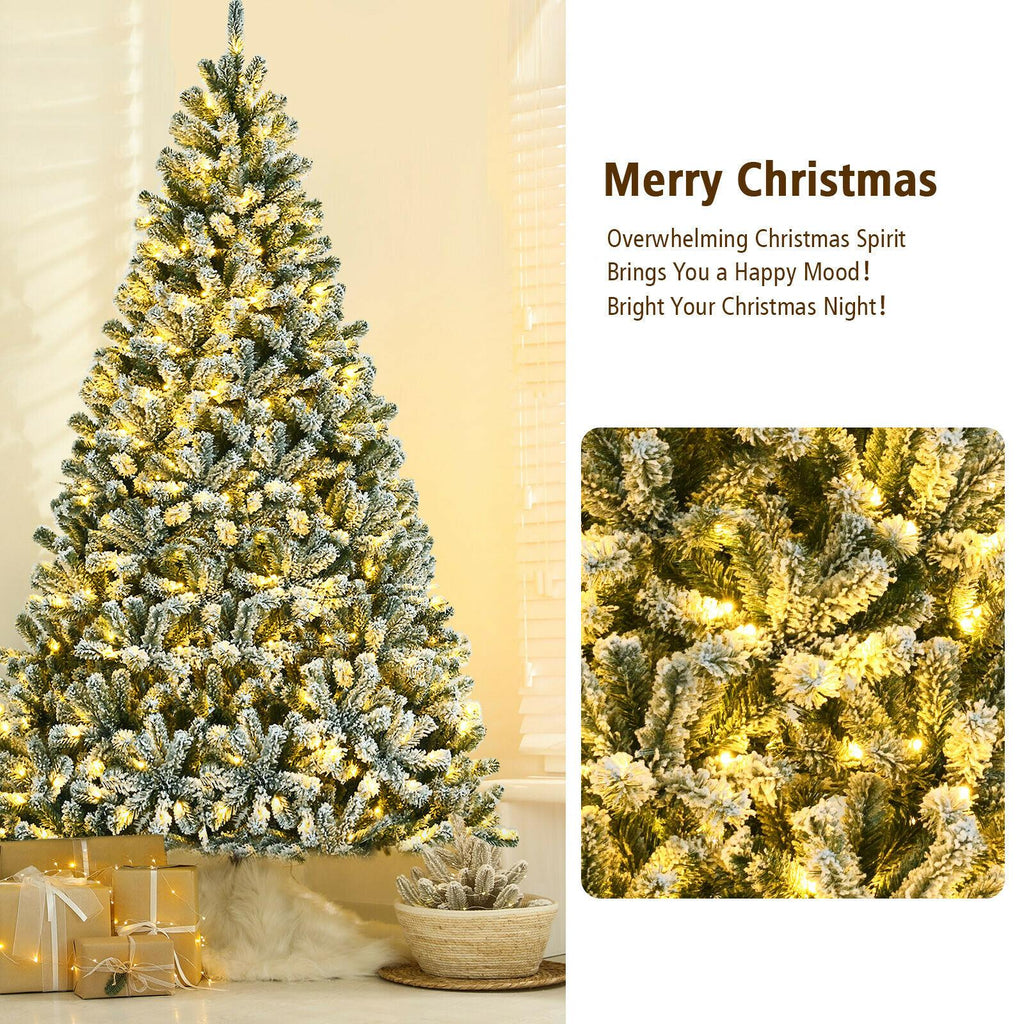 8' Pre-lit Snow Flocked Hinged Christmas Tree w/1502 Tips &amp; Metal Stand