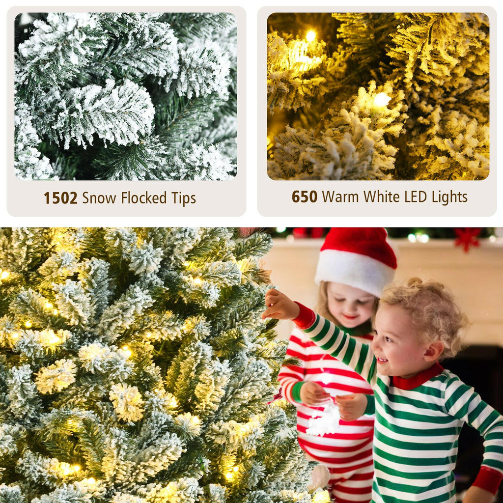 8' Pre-lit Snow Flocked Hinged Christmas Tree w/1502 Tips &amp; Metal Stand