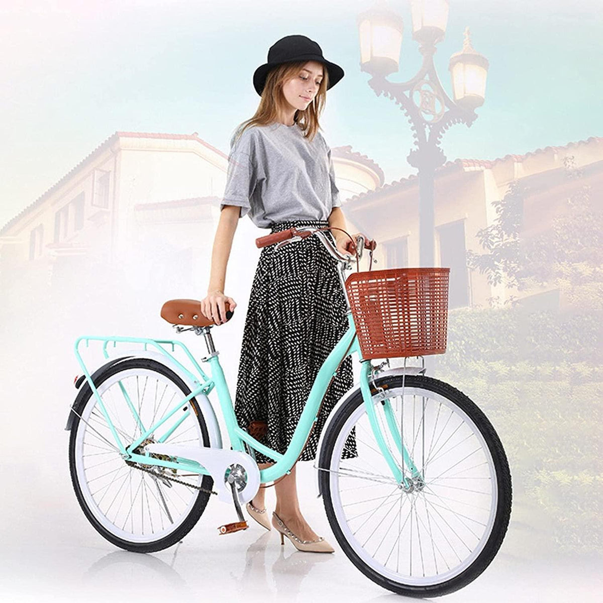 26 Inch Beach Cruiser Bicycle Women Road Bike with Basket Commute Classic Retro Bicycle Hybrid Bike White Seaside Travel Bicycle for Adult Student