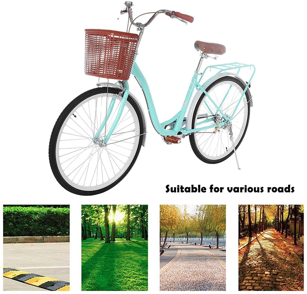 26 Inch Beach Cruiser Bicycle Women Road Bike with Basket Commute Classic Retro Bicycle Hybrid Bike White Seaside Travel Bicycle for Adult Student