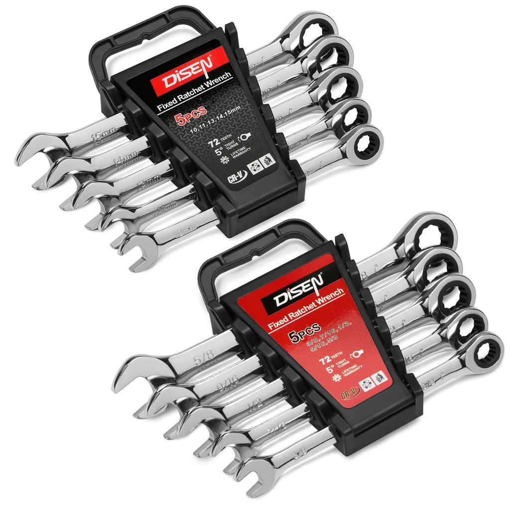 10Pcs Ratcheting Wrench Set SAE & Metric Ratchet Wrench Set with Rack Organizer, Premium CR-v Steel, 12 Point, 72 Teeth,Box End and Open End Ratcheting Wrench Set,Metric 10-15mm&SAE 3/8''-5/8''