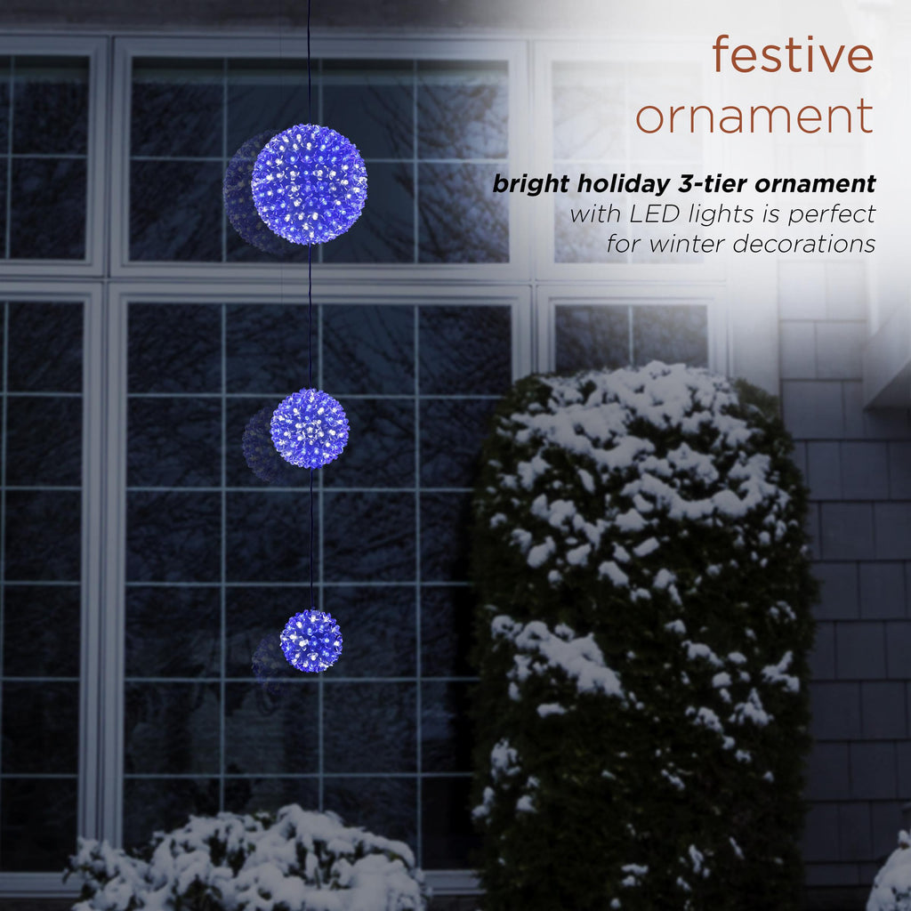 Alpine Corporation 3-Tier Ornament String Holiday Decoration with LED Lights, Blue/White