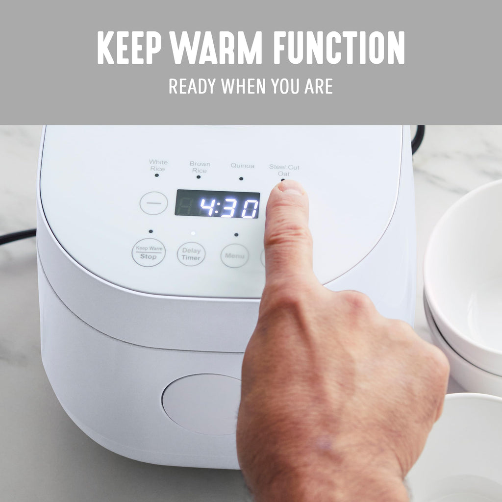 Digital Rice Cooker, 2-Cups Uncooked/4-Cups Cooked, Removable Nonstick Ceramic PFAS-Pot, One-Touch Presets, Oats, Quinoa, Brown Rice, Auto Keep Warm, Fuzzy Logic Tech, 1.5QT, White