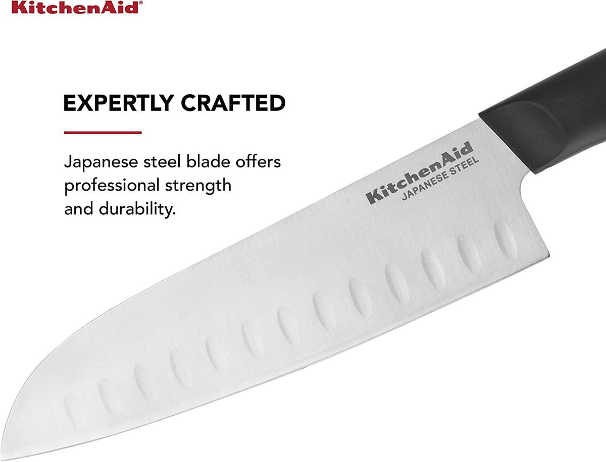KitchenAid Classic Santoku Knife with Custom-Fit Blade Cover, 7-inch, Sharp Kitchen Knife, High-Carbon Japanese Stainless Steel, Black