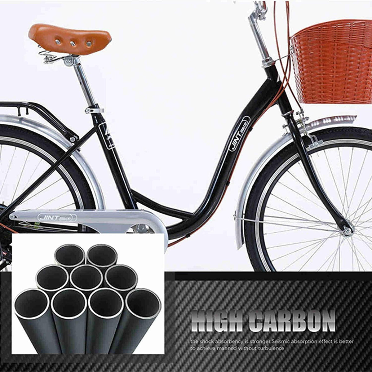 YYCCOO Cruiser Bicycle with Handlebar Bike Basket, 7-Speed Drivetrain, 24"/26" Wheels, Adult Bike Retro-Styled Cruiser(US Stock)