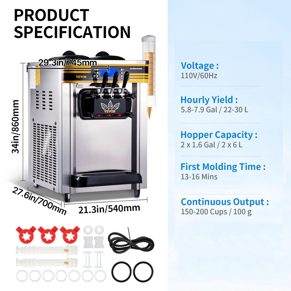 Commercial Ice Cream Maker, 22-30L/H Yield, Countertop Soft Serve Machine with 2x6L Hopper 2L Cylinder LCD Panel Puffing ShortaAlarm, Frozen Yogurt Maker for Restaurant Snack Bar