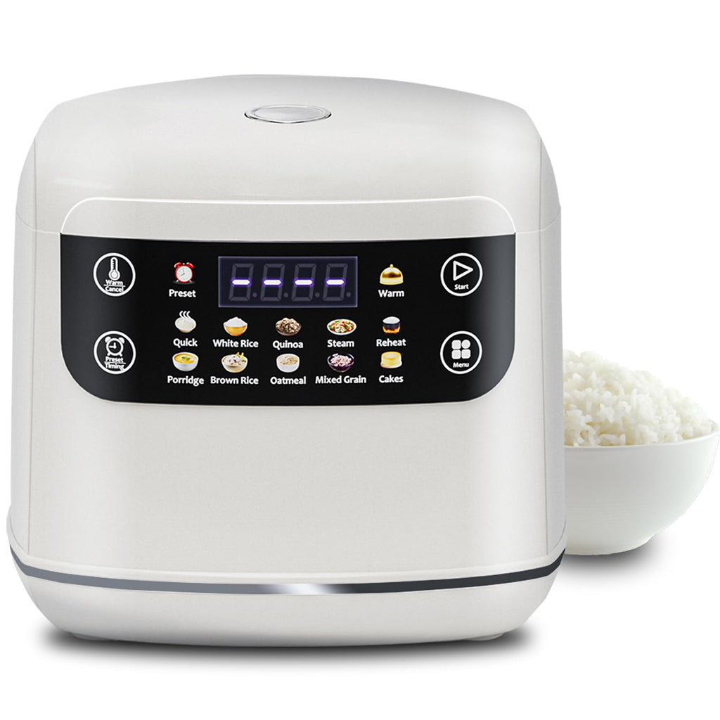Portable Digital Rice Cooker, 6-Cup (Uncooked)/12-Cup (Cooked) Small Rice Maker with Steaming Basket, Mini Rice Cooker with 2L Removable Nonstick Inner Pot, 10 Menu Options, Auto Keep Warm, 24 Hour Delay Timer, White