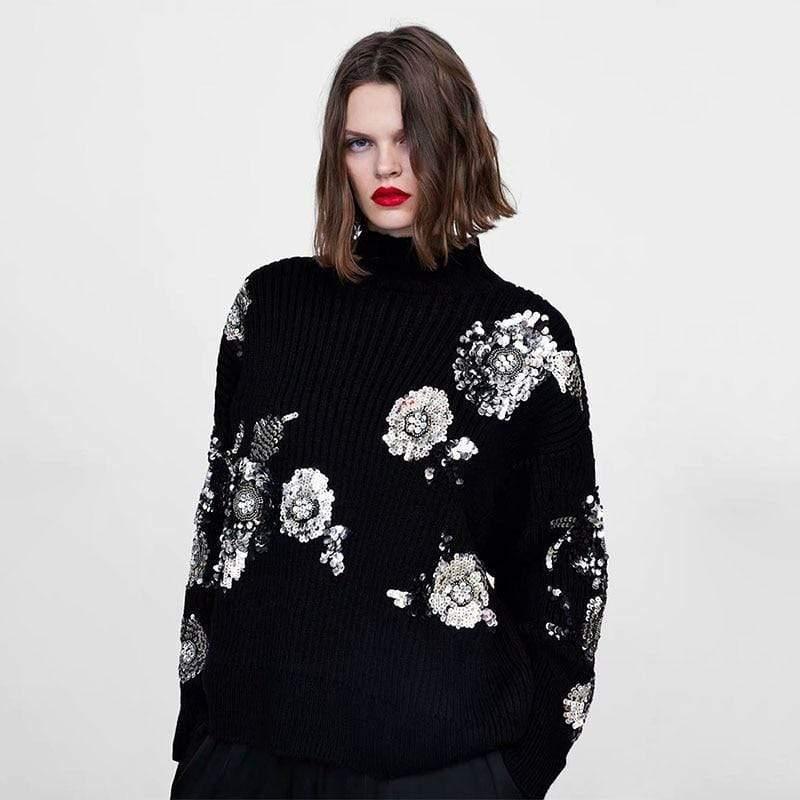 women sequined flower knitted sweater