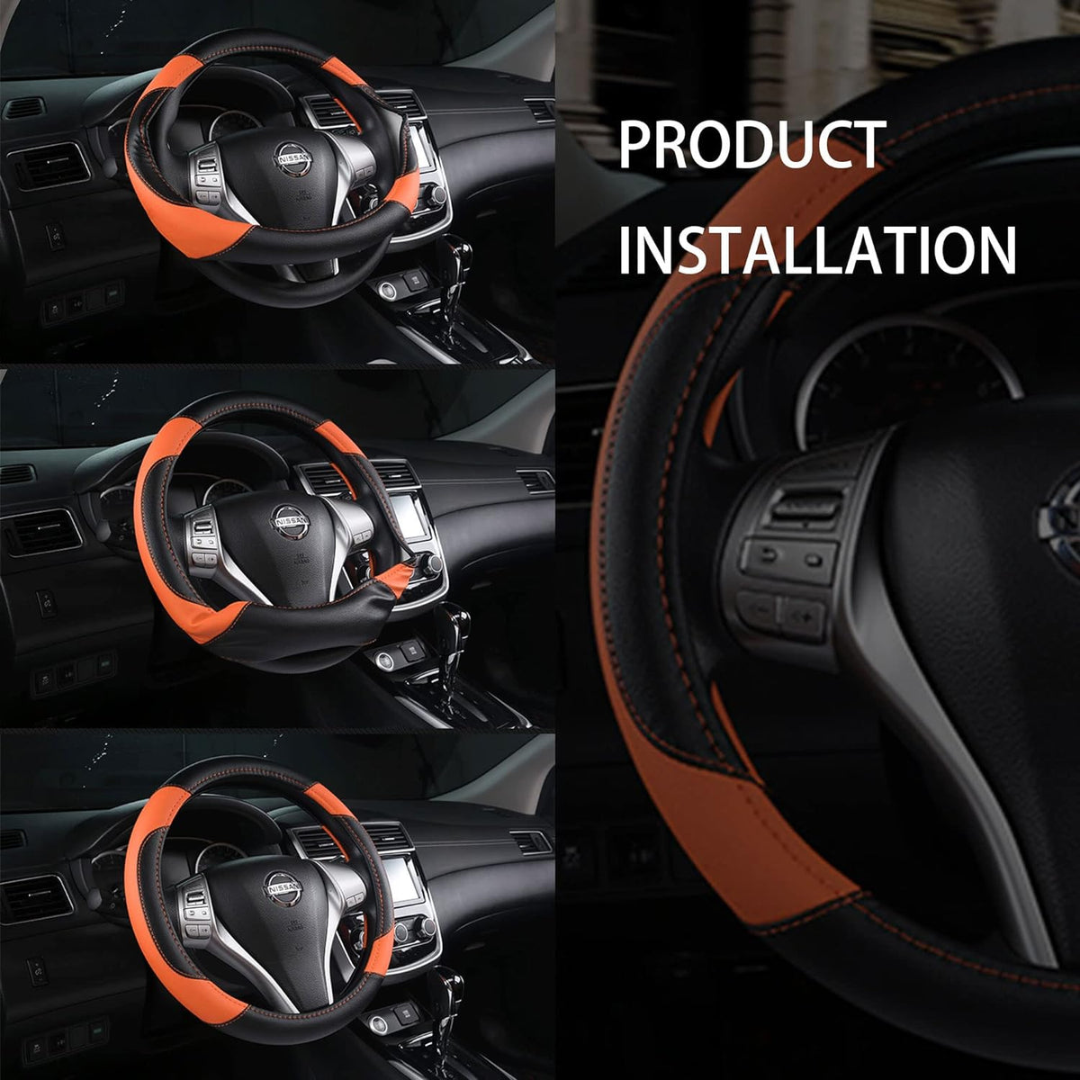 Leather Car Steering Wheel Cover, Non-Slip Car Wheel Cover Protector Breathable Microfiber Leather Universal Fit for Most Cars (Orange-2)