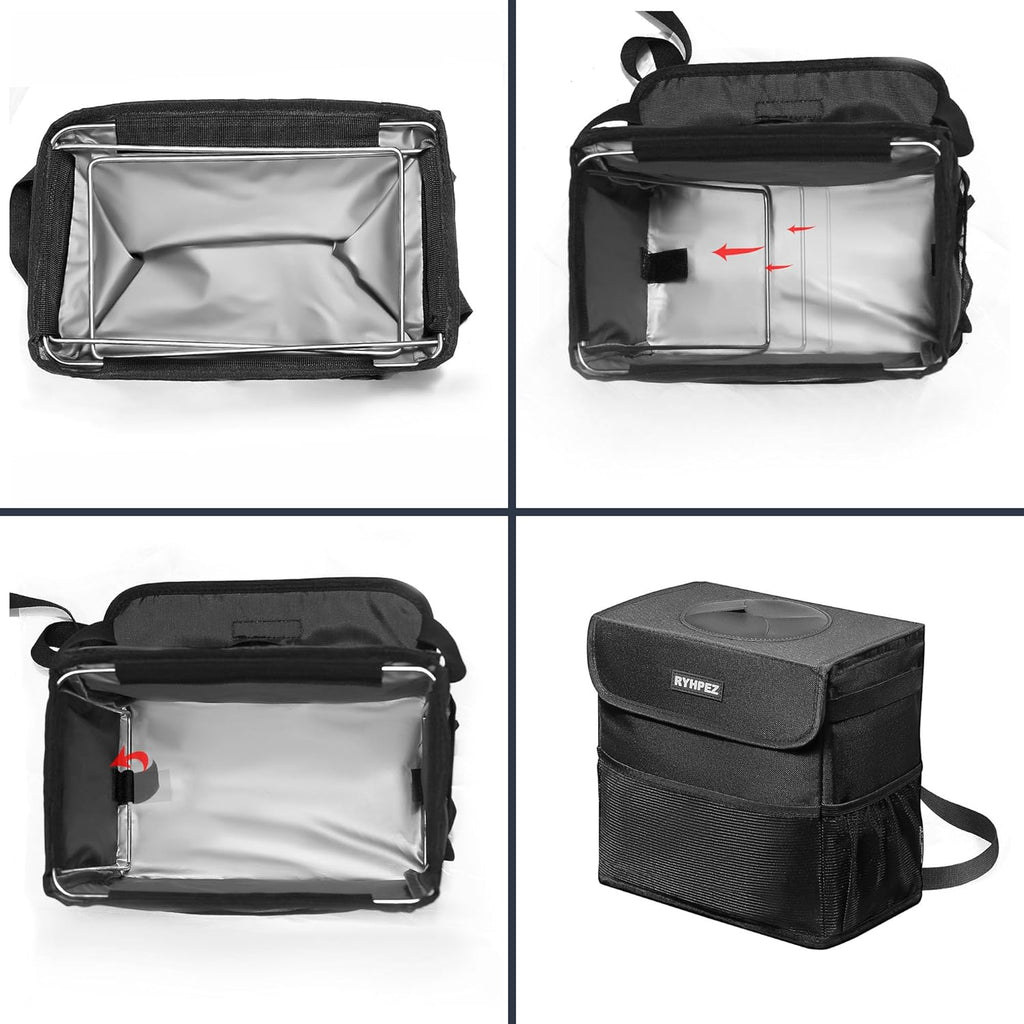Ryhpez Car Trash Can with Lid - Car Trash Bag Hanging with Storage Pockets Collapsible and Portable Car Garbage Can with Metal Rack Support