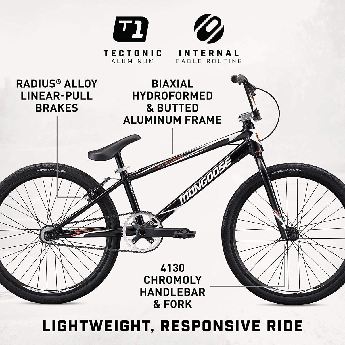 Mongoose Title Elite 24 BMX Race Bike with 24-Inch Wheels in Black for Advanced and Returning Riders, Featuring Professional-Grade 6061 Tectonic T1 Biaxial Hydroformed and Butted Aluminum Frame
