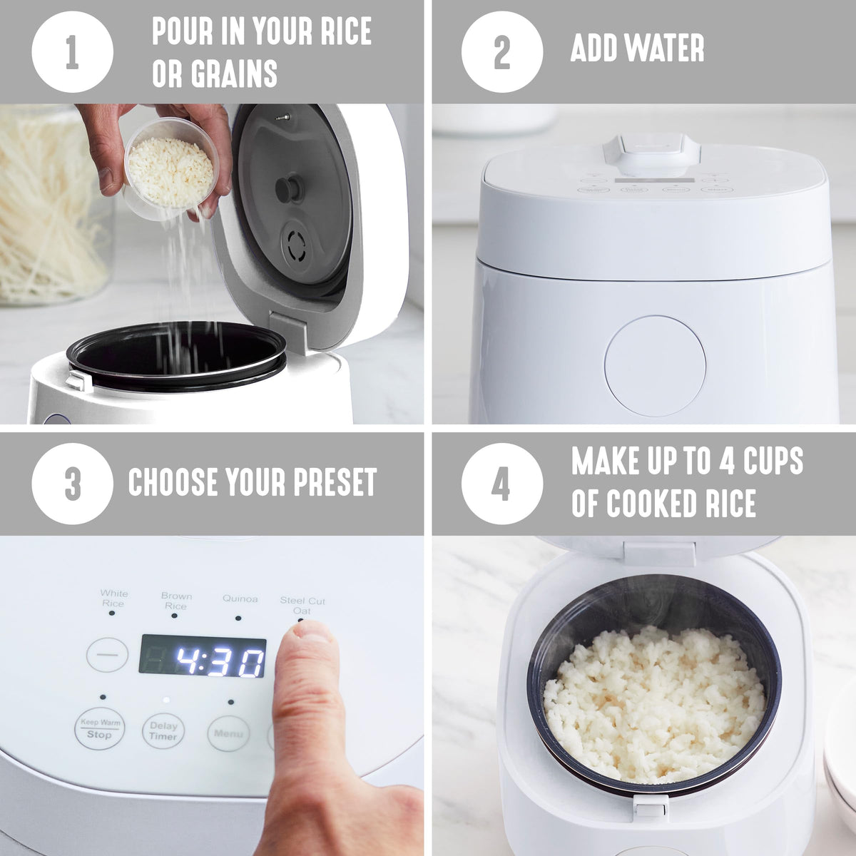 Digital Rice Cooker, 2-Cups Uncooked/4-Cups Cooked, Removable Nonstick Ceramic PFAS-Pot, One-Touch Presets, Oats, Quinoa, Brown Rice, Auto Keep Warm, Fuzzy Logic Tech, 1.5QT, White