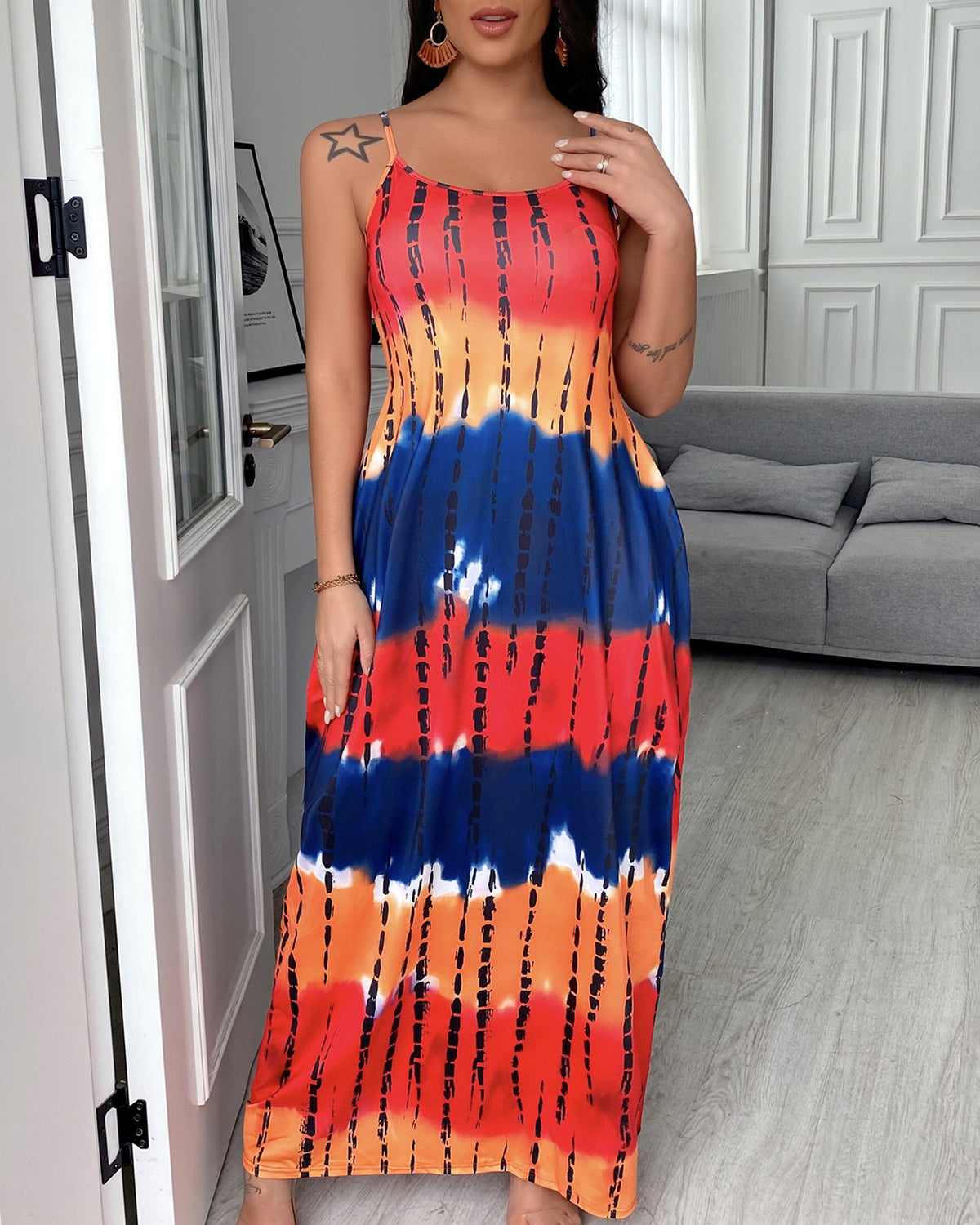 Tie Dye Printed Long Maxi Dress Spaghetti Strap Summer Casual  Beach Party Dress