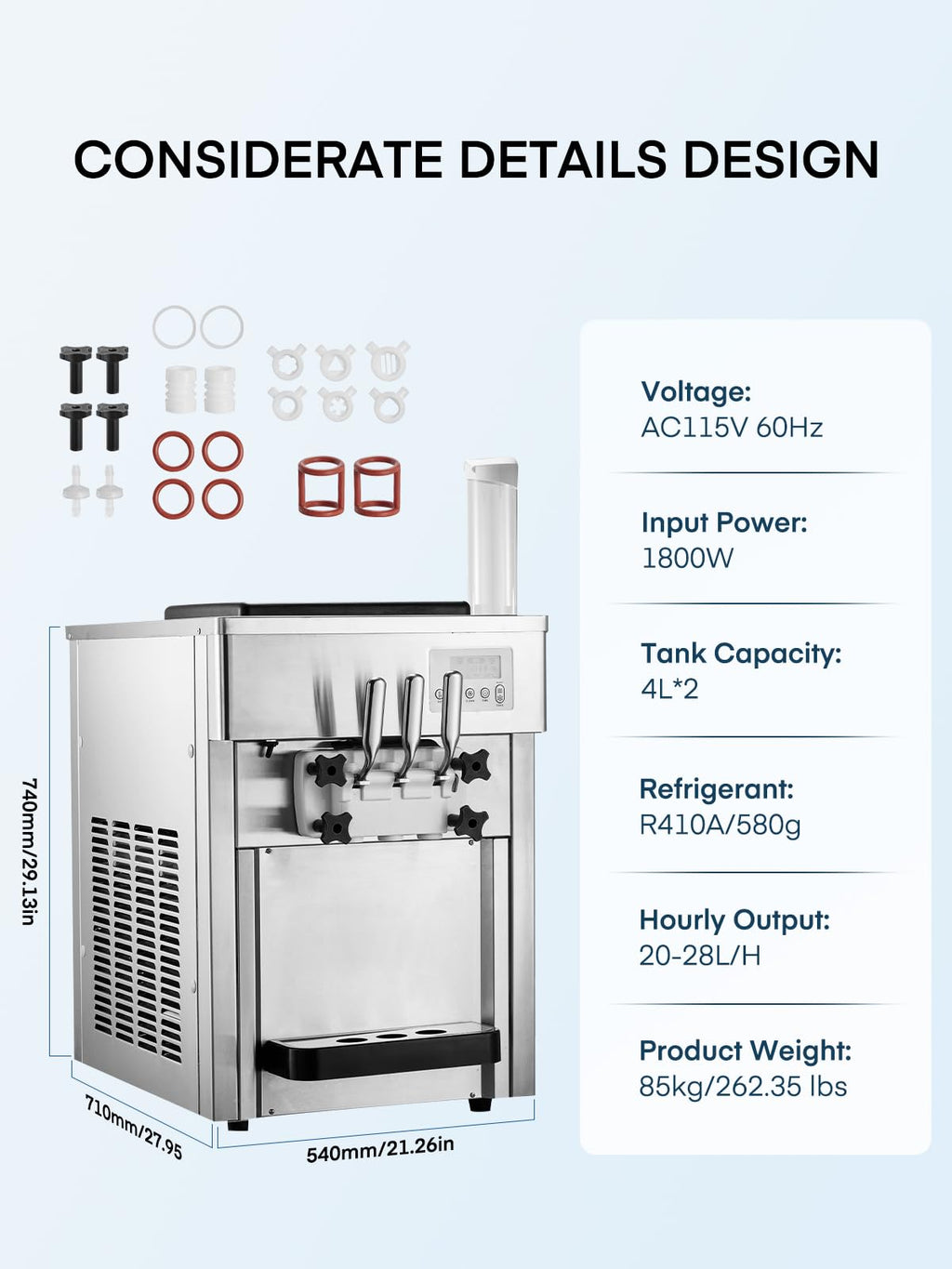 Commercial Ice Cream Machine 5.3-7.4 Gal/H, 3 Flavors Countertop Soft Serve Ice Cream Machine with 8L Hopper, Auto Clean Ice Cream Maker With Pre-Cooling for Snack Restaurants Bars, 1800W