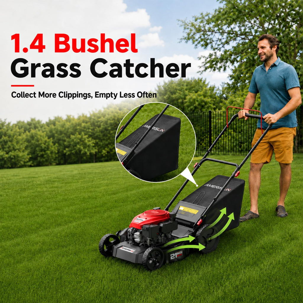21" Steel Deck Gas Lawn Mower, 3-in-1 Push Mower, 144cc 4-Stroke OHV Engine, 6 Height Adjustment, 1.4 Bushel Grass Catcher with Bagging, Mulching &amp; Side DischarEfficient for Yard Garden