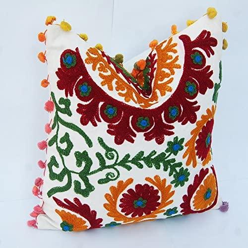 Suzani Cushion Cover 16x16, Embroidery Decorative Throw Pillow Case, Indian Bohemian Hippie Outdoor Cushions, Pom Pom Boho Pillow Shams (20)