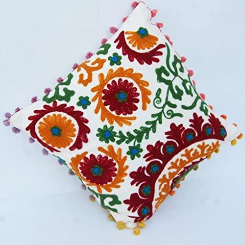 Suzani Cushion Cover 16x16, Embroidered Decorative Throw Pillow Case, Indian Outdoor Cushions, Pom Pom Boho Pillow Shams (50)