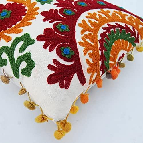 Suzani Cushion Cover 16x16, Embroidery Decorative Throw Pillow Case, Indian Bohemian Hippie Outdoor Cushions, Pom Pom Boho Pillow Shams (20)