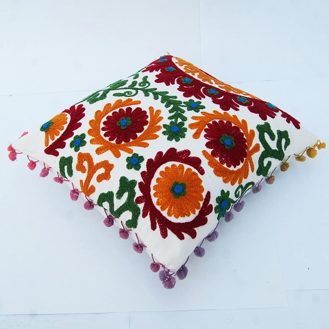 Suzani Cushion Cover 16x16, Embroidered Decorative Throw Pillow Case, Indian Outdoor Cushions, Pom Pom Boho Pillow Shams (50)