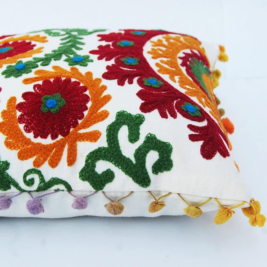 Suzani Cushion Cover 16x16, Embroidery Decorative Throw Pillow Case, Indian Bohemian Hippie Outdoor Cushions, Pom Pom Boho Pillow Shams (20)