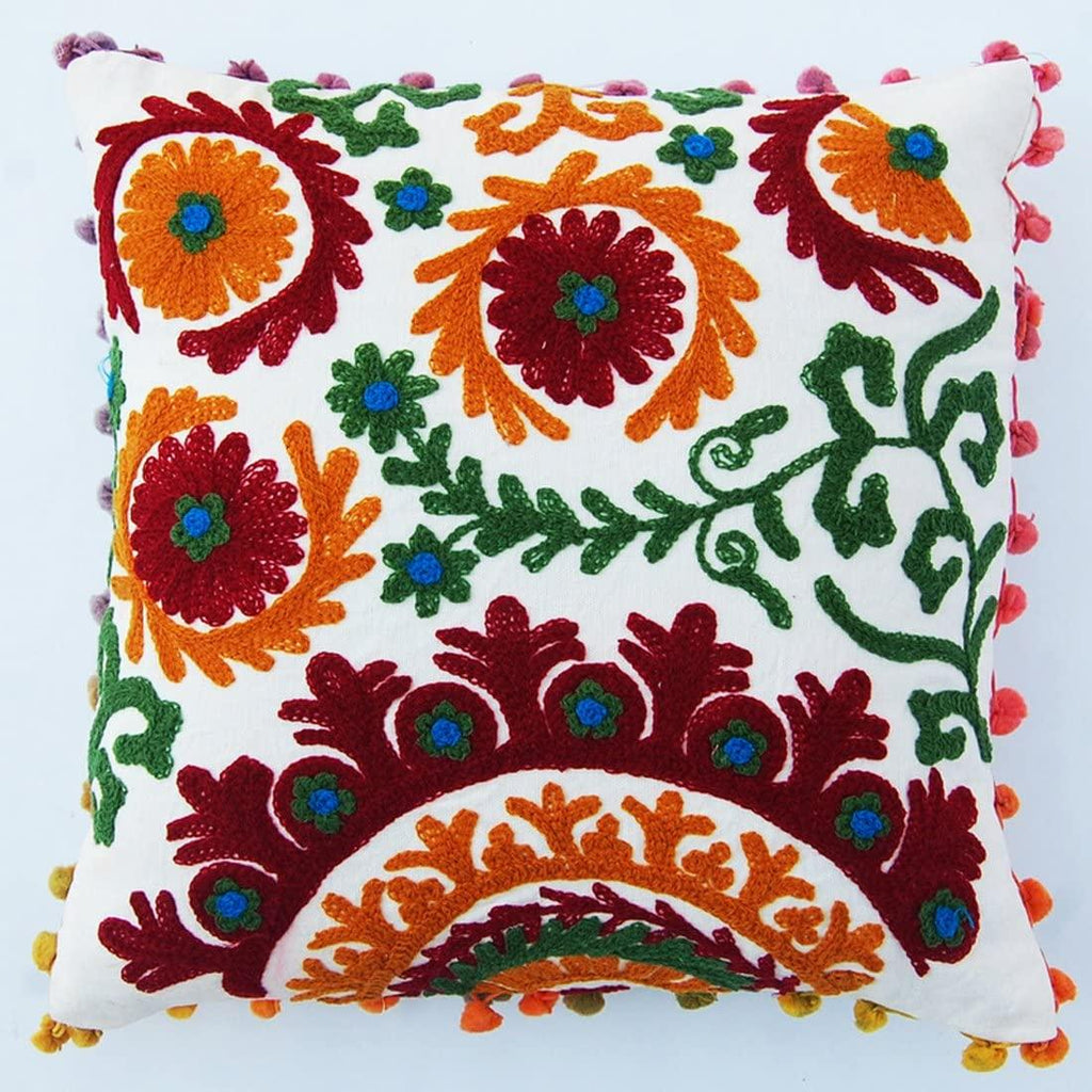 Suzani Cushion Cover 16x16, Embroidery Decorative Throw Pillow Case, Indian Bohemian Hippie Outdoor Cushions, Pom Pom Boho Pillow Shams (20)