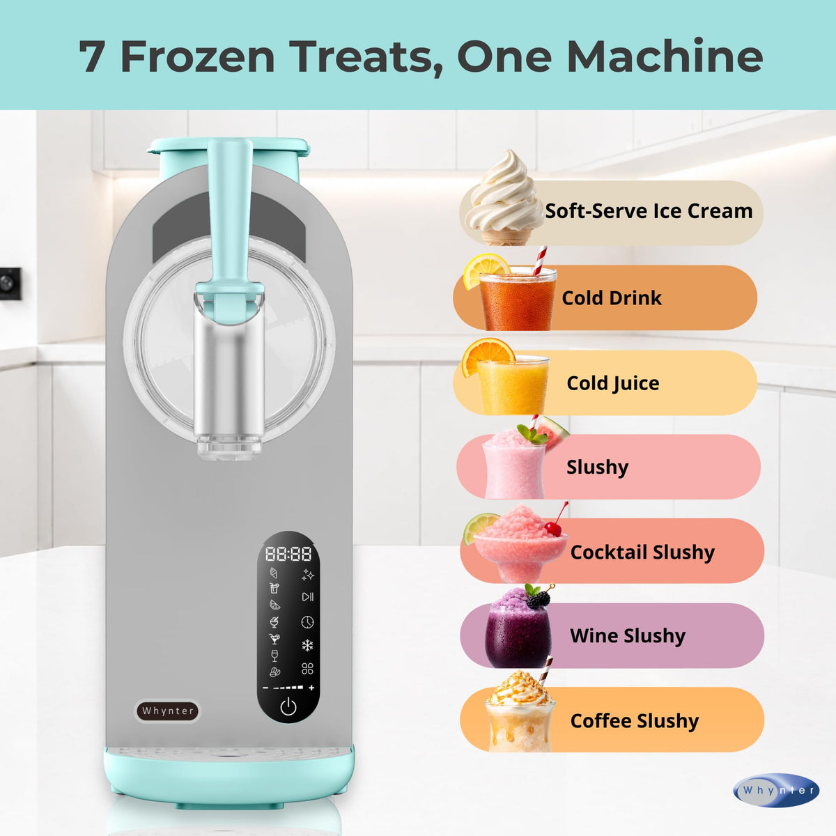 7-in-1 Soft Serve Ice Cream and Slushy Machine, 1.6 Quarts, with -in Compressor, Self-Cleaning Mode, LCD Touch Control, and Adjustable Firmness, (Turquoise)