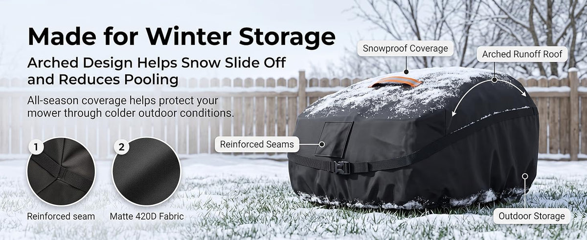 Robot Lawn Mower Cover Waterproof, 420D Outdoor Robotic Mower Cover, Black | 420D waterproof fabric, backyard robotic mower storafor rain snow dust sun, webbing strap,  buckle, elastic hem, vent
