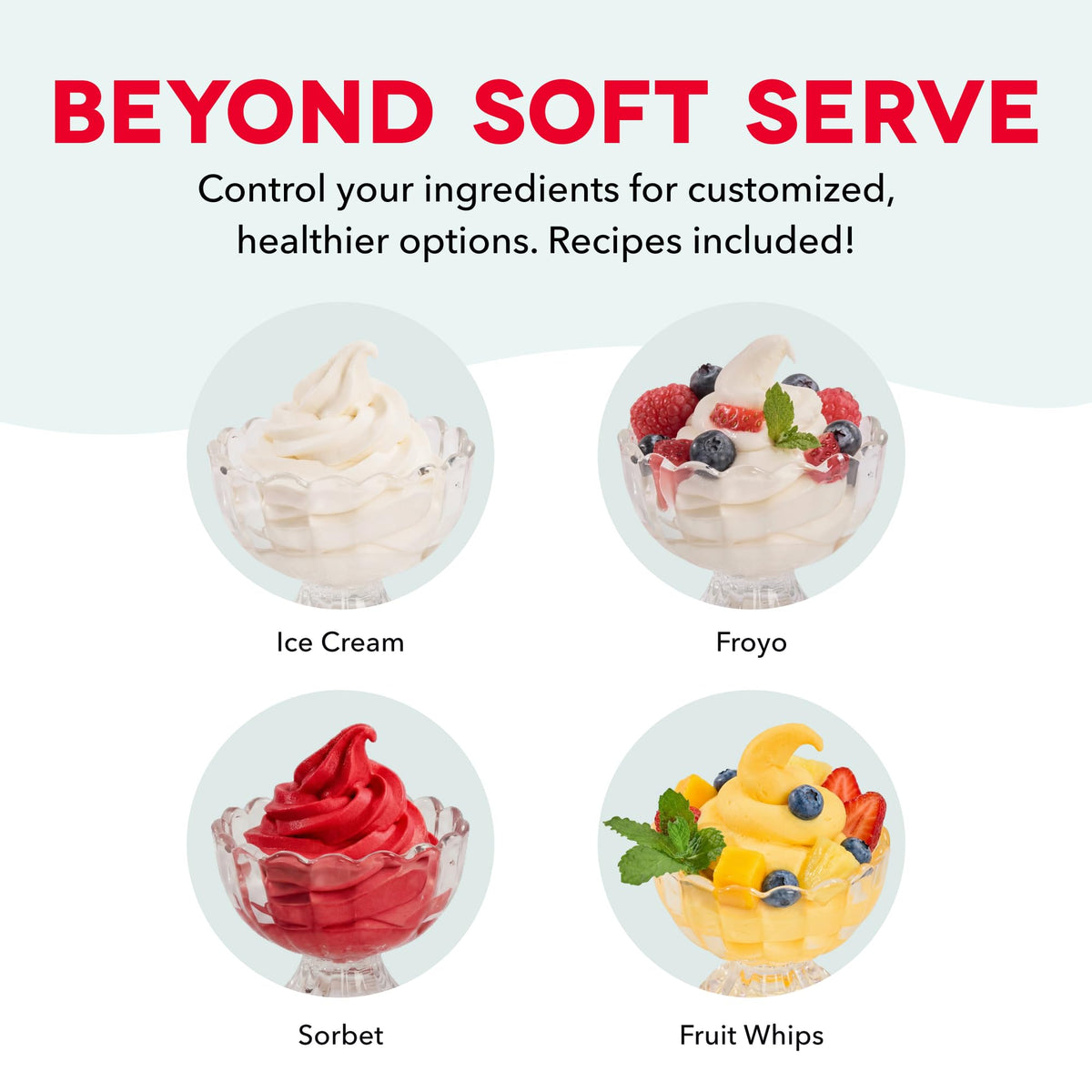 Soft Serve Ice Cream Maker | Frozen Yogurt, Sorbet, and Gelato - Countertop Ice Cream Machine for Home with Freezer Bowl, Ingredient Chute, & Dispensing Lever - Includes 4 Serving Bowls & Spoons