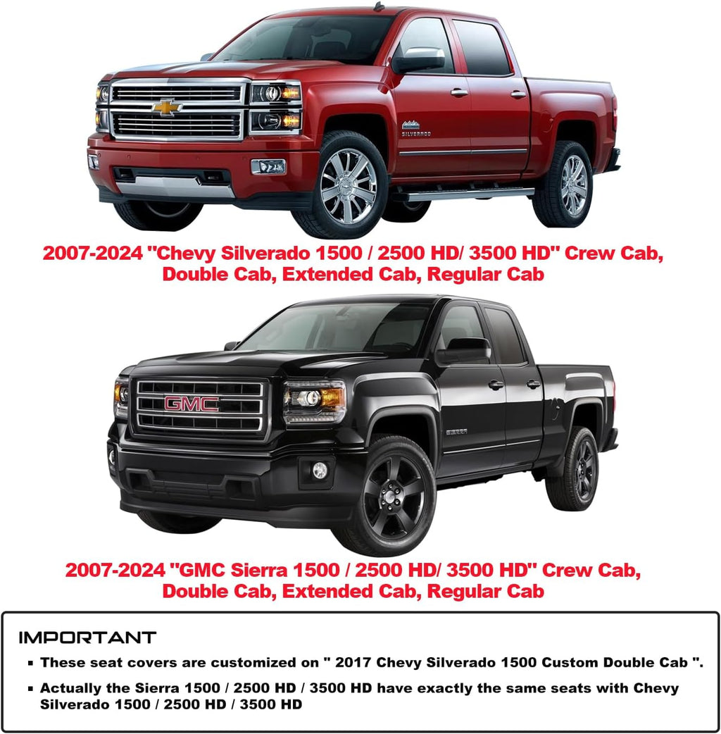 Aierxuan Seat Covers for Truck Chevy Chevrolet Silverado GMC Sierra Pickup 2007-2024 1500 2500HD 3500HD Trail Boss Z71 Crew Double Extended Cab Waterproof Leather Protectors (Full Set, Black)