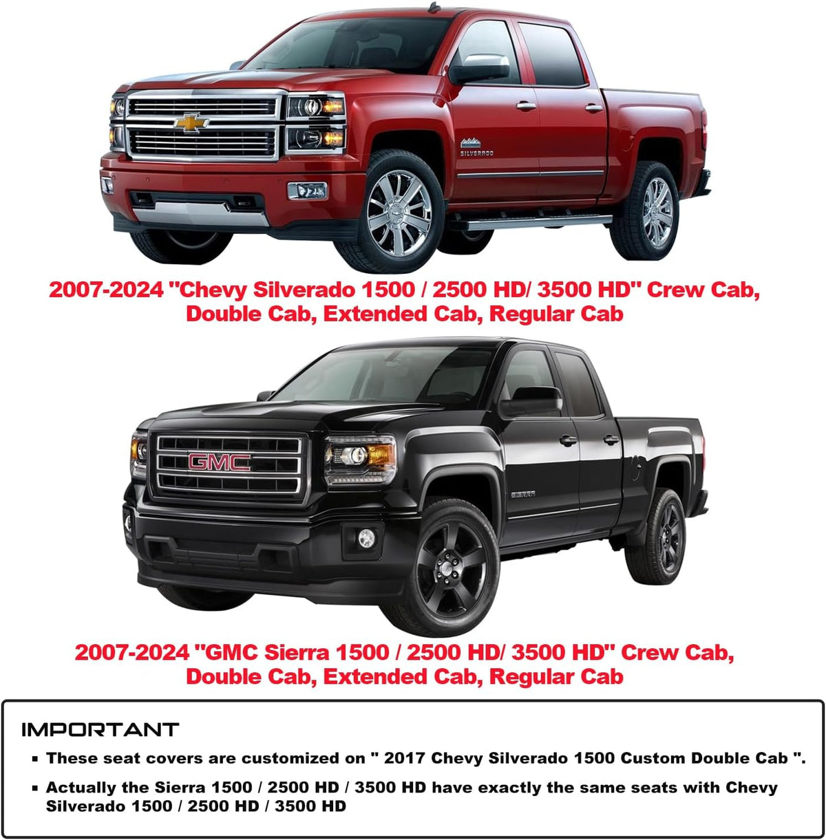 Aierxuan Seat Covers for Truck Chevy Chevrolet Silverado GMC Sierra Pickup 2007-2024 1500 2500HD 3500HD Trail Boss Z71 Crew Double Extended Cab Waterproof Leather Protectors (Full Set, Black)