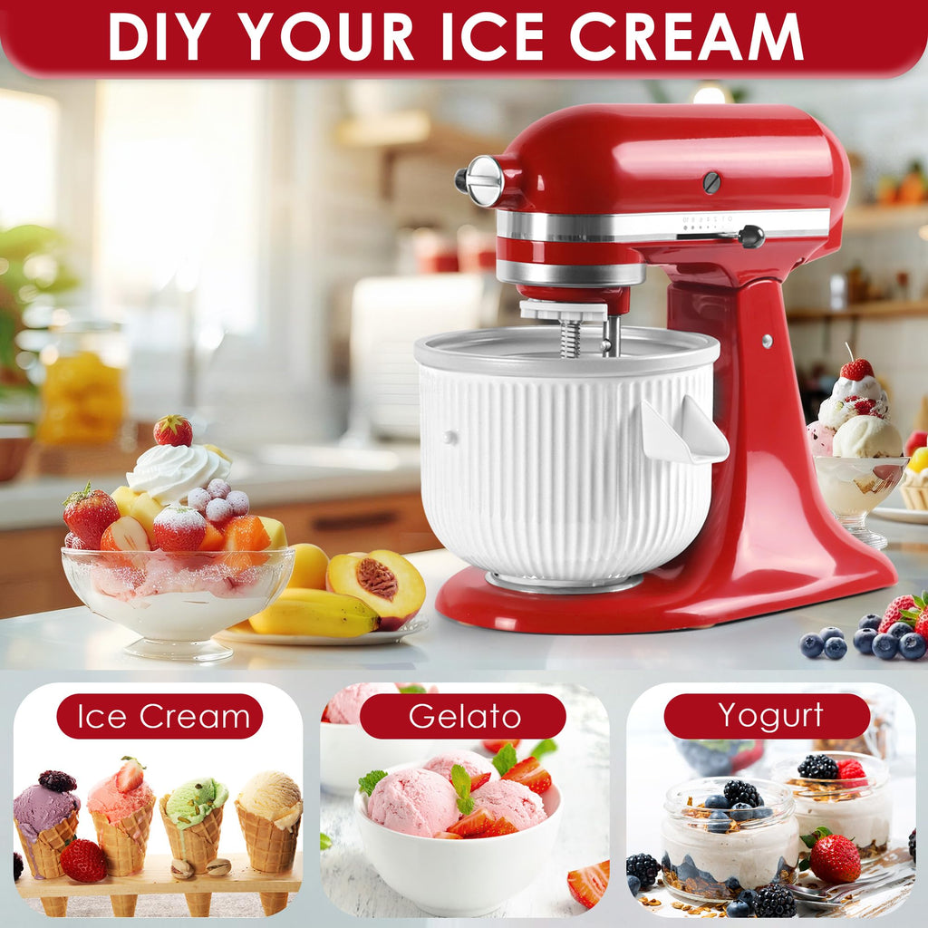 Ice Cream Maker Attachment for  Mixers, Fits  4.5/5QT & 6QT Stand Mixers, Frozen Ice Cream & Sorbet Gelato Maker for , 2 Quart, White(Machine/Mixer Not Included)