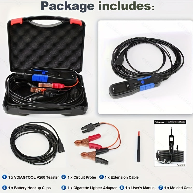 V200 Automotive Circuit Probe Teste, AC Voltage, DC Voltage, Diode Test, Resistance Check, Electrical System Test Tool, Power Circuit Tester